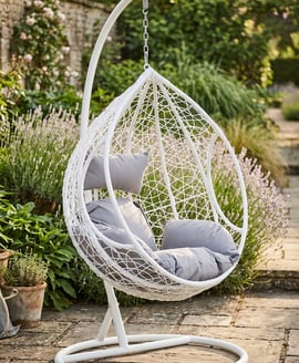 Goa White Rattan Effect Hanging Chair with Grey Cushions