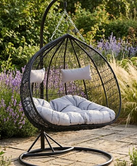 Goa Black Rattan Effect Double Hanging Chair With Grey Cushions