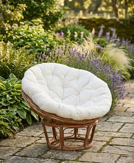Manado Round Grey Kubu Rattan Papasan Chair with Cream Cushion