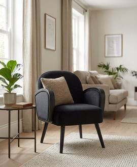 Hala Black Velvet and Rattan Armchair