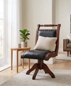 Inca Black Leather and Teak Wood Swivel Chair