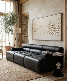 King Right Arm Antique Black Leather Modular Sofa