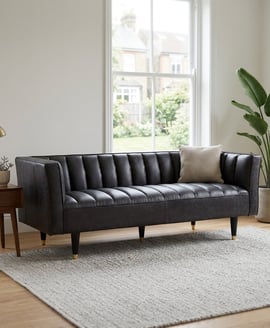 King Three Seater Black Leather Sofa With Flared Arms