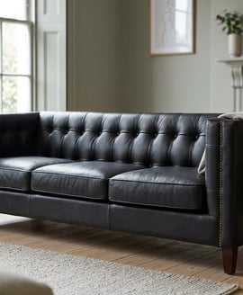 King Three Seater Modern Chesterfield Black Leather Sofa
