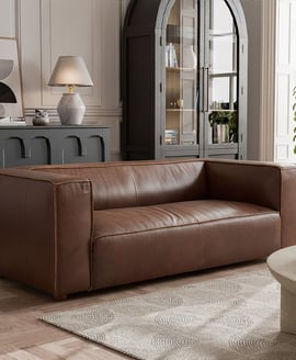 King Two Seater Antique Brown Leather Sofa