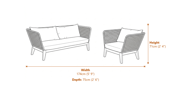 Opus 3 Seat Rope Woven Sofa with Grey Cushions Dimensions Diagram