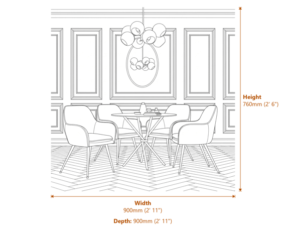 Casa Clear Top Gold Legs Dining Table Dimensions Diagram