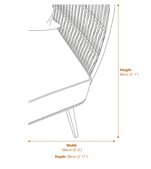 Opus Woven Rope 2 Seater Sofa with Grey Cushions Dimensions Diagram