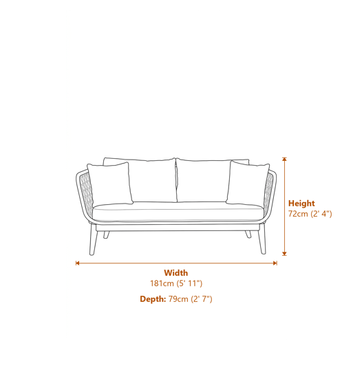 Opus Grey Woven Rope Three Seater Sofa with Cushions Dimensions Diagram