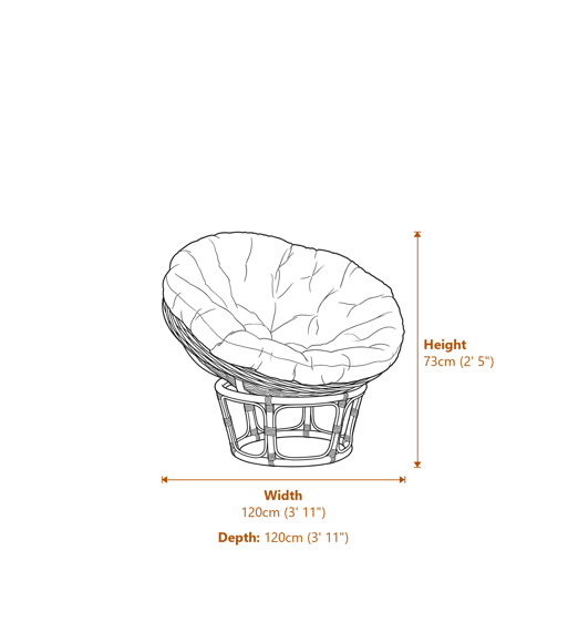 Manado Round Grey Kubu Rattan Papasan Chair with Cream Cushion Dimensions Diagram