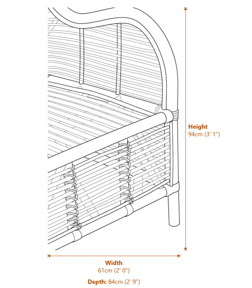 Manado Grey Natural Kubu Rattan Chair Dimensions Diagram