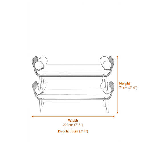 Opus Rope Woven Longue Bench with Cushions Dimensions Diagram