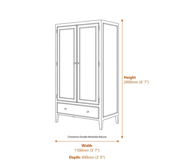 Chesterton Double Wardrobe Natural Dimensions Diagram
