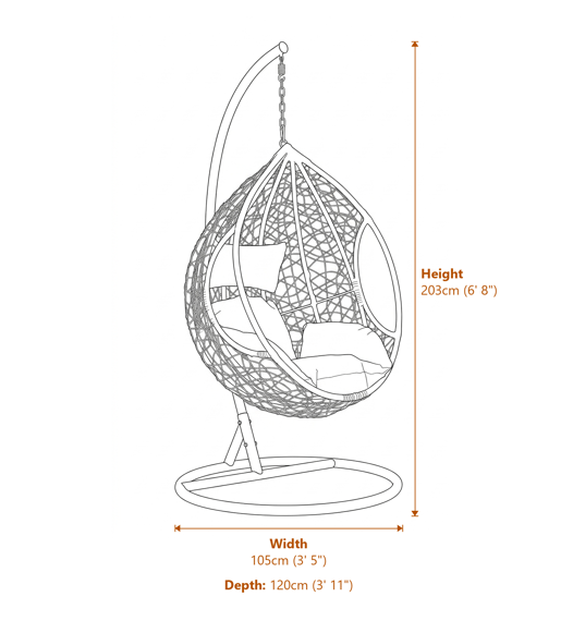 Goa White Rattan Effect Hanging Chair with Grey Cushions Dimensions Diagram