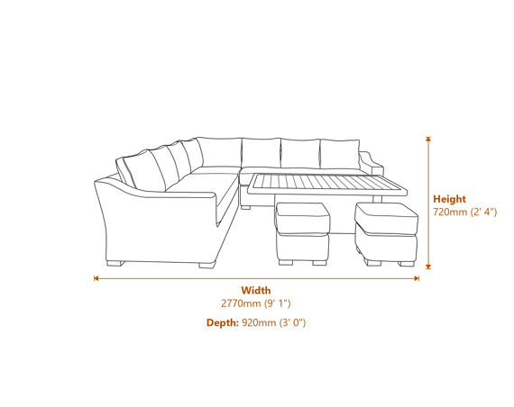 Capri Outdoor Large Corner Set With Riser Table + 2 Stools Dimensions Diagram