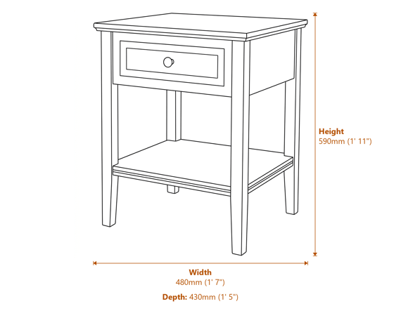 The Serene Collection One Drawer Side Table Dimensions Diagram