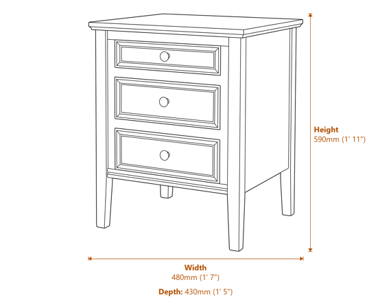 The Serene Collection Three Drawer Bedside Table Dimensions Diagram