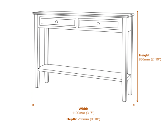 The Serene Collection Two Drawer Console Table Dimensions Diagram