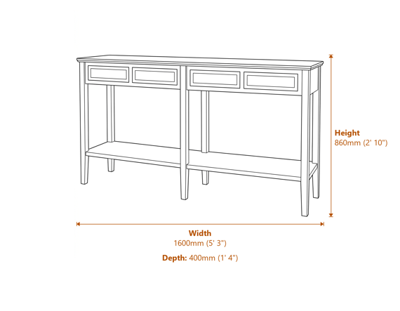 The Serene Collection Four Drawer Console Table Dimensions Diagram