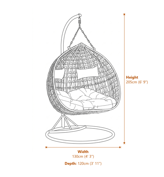 Goa Black Rattan Effect Double Hanging Chair With Grey Cushions Dimensions Diagram