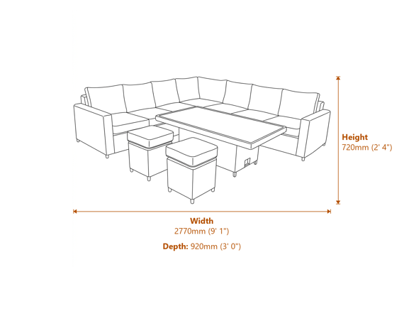 Amalfi Outdoor Large Corner Set With Riser Table + 2 Stools Dimensions Diagram