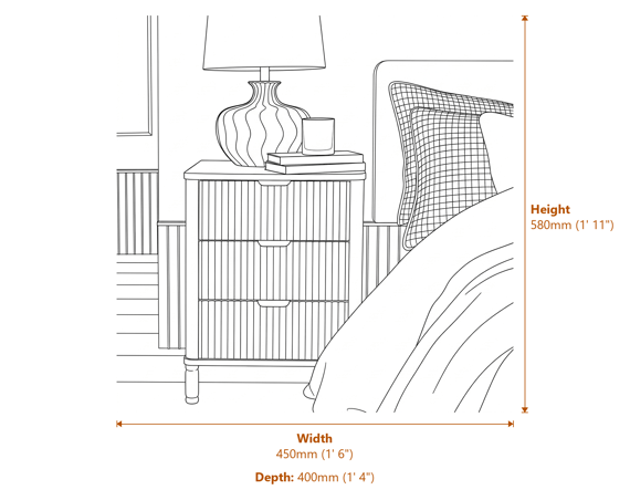 Reed Collection 3 Drawer Bedside Table Dimensions Diagram