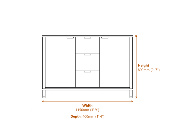 Reed Collection 3 Drawer 2 Door Cabinet Dimensions Diagram