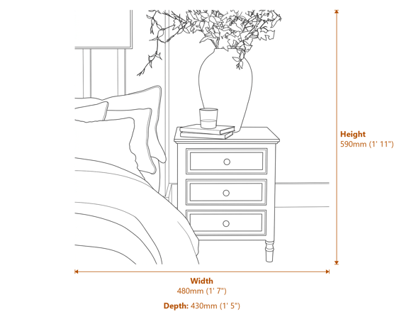 Contour Collection 3 Drawer Side Table Dimensions Diagram