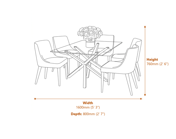Monza Rectangular Glass Dining Table Dimensions Diagram