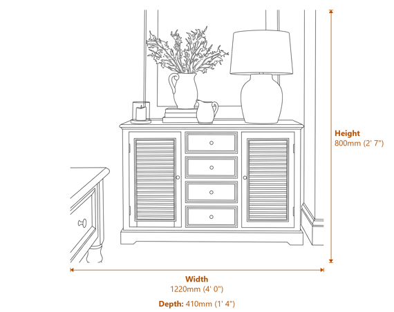 Delphine Collection 2 Door 4 Drawer Large Dresser Base Dimensions Diagram