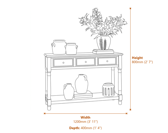 Delphine Collection 3 Drawer Console With Shelf Dimensions Diagram