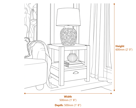 Haldon Collection 1 Drawer Side Table With Shelf Dimensions Diagram