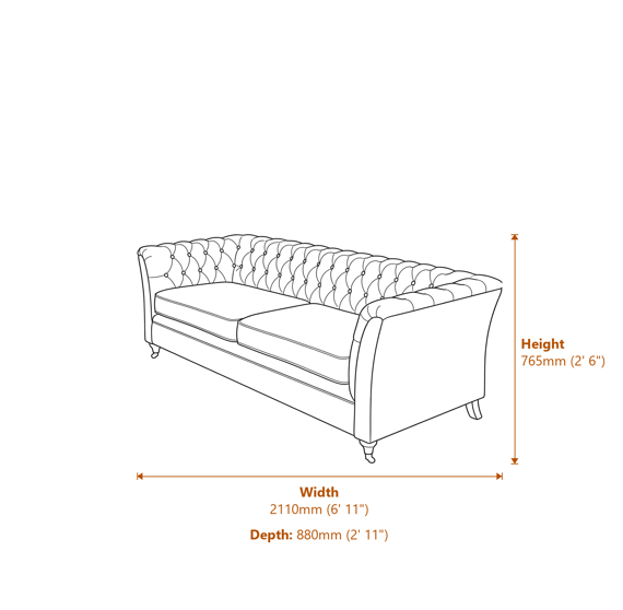 Sabrina Three Seat Grey Velvet Sofa Dimensions Diagram