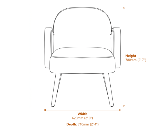Hala Cream Velvet and Rattan Armchair Dimensions Diagram
