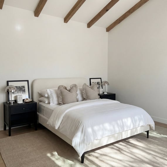 albany ivory boucle double bed dressed