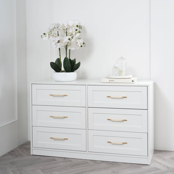 austen white 6 drawer chest of drawers styled