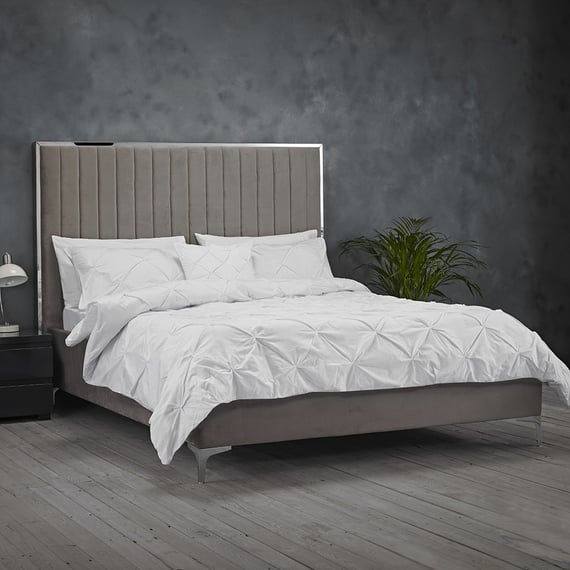 berkeley mink grey upholstered bed styled