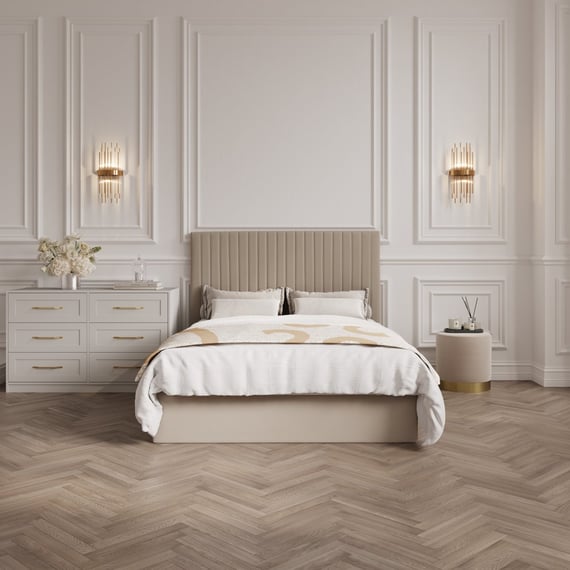berlin beige ottoman bed tall headboard lifestyle angle