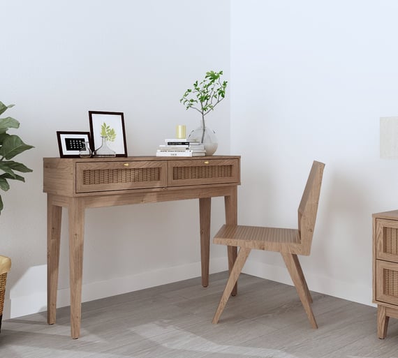 bordeaux oak rattan dressing table desk styled