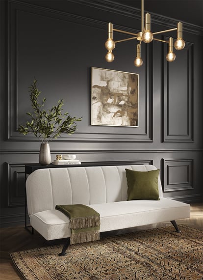 burlington ivory boucle black sofa bed room shot