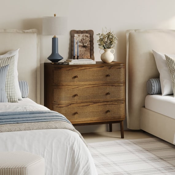 callie smoked rattan chest of drawers styled