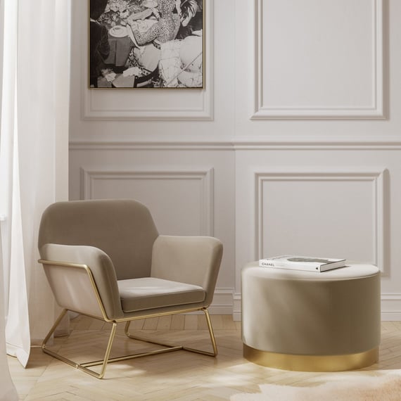 charles beige velvet armchair lara pouffe room shot