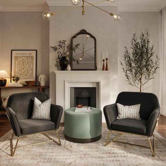 charles black velvet armchairs lara sage pouffe