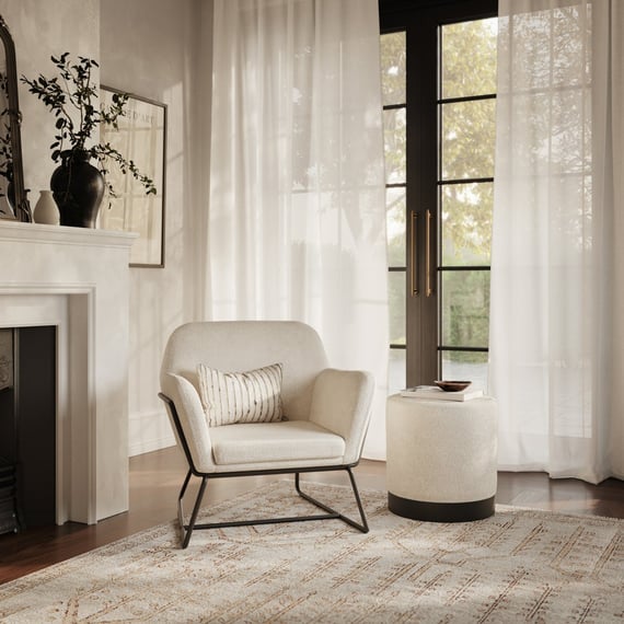 charles ivory boucle armchair lara pouffe styled