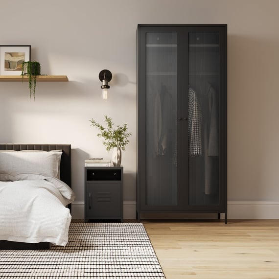 dillon black bedside cabinet storm wardrobe room shot