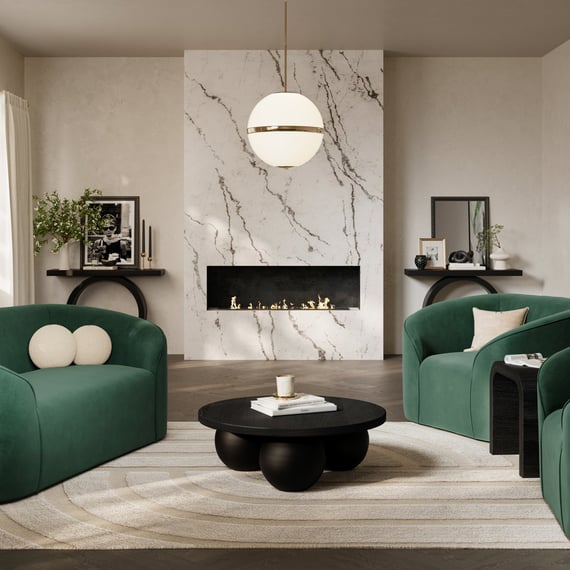 kenji black coffee table zuma green sofa scene