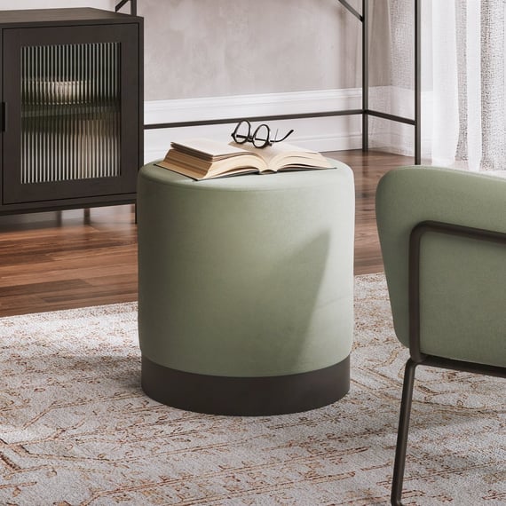 lara sage velvet small pouffe cabinet scene