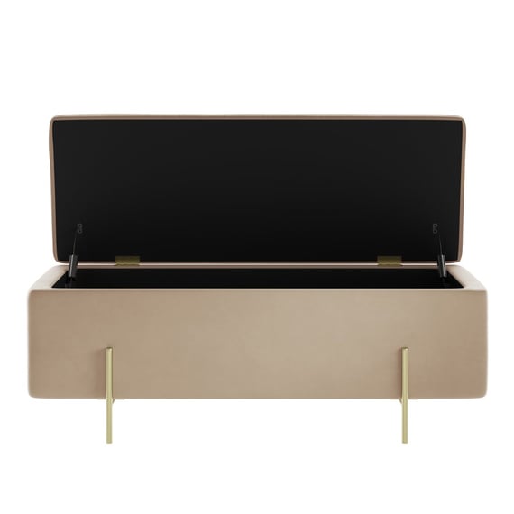 lola beige velvet storage ottoman lid open