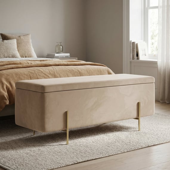 Lola Storage Ottoman Beige Velvet Brushed Gold