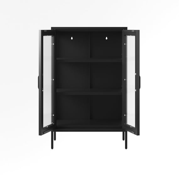 marsh black glass display cabinet doors open